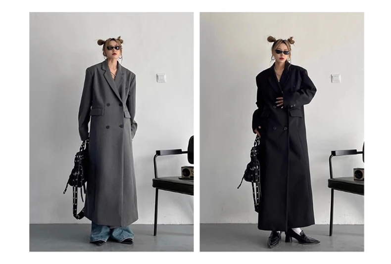 Lautaro Spring Autumn Long Grey Black Trench Coat for Women Double Breasted Loose Casual Korean Fashion Clothing Blazer 2023