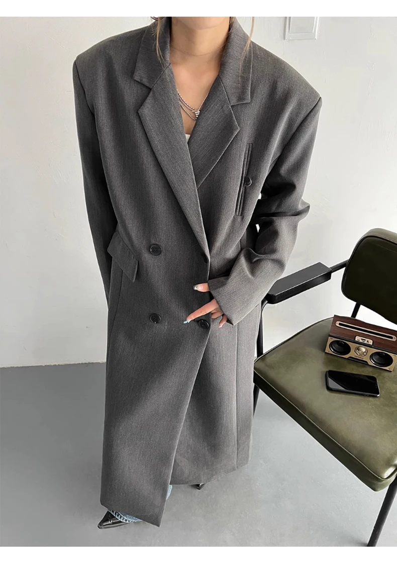 Lautaro Spring Autumn Long Grey Black Trench Coat for Women Double Breasted Loose Casual Korean Fashion Clothing Blazer 2023