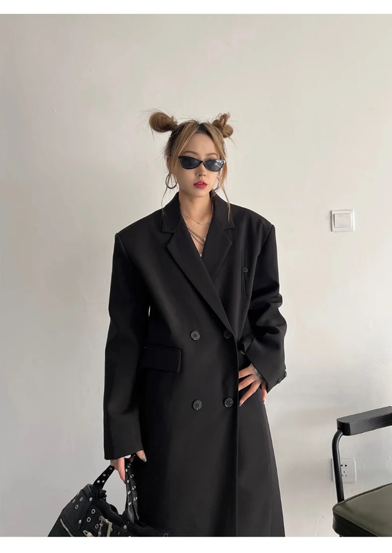 Lautaro Spring Autumn Long Grey Black Trench Coat for Women Double Breasted Loose Casual Korean Fashion Clothing Blazer 2023