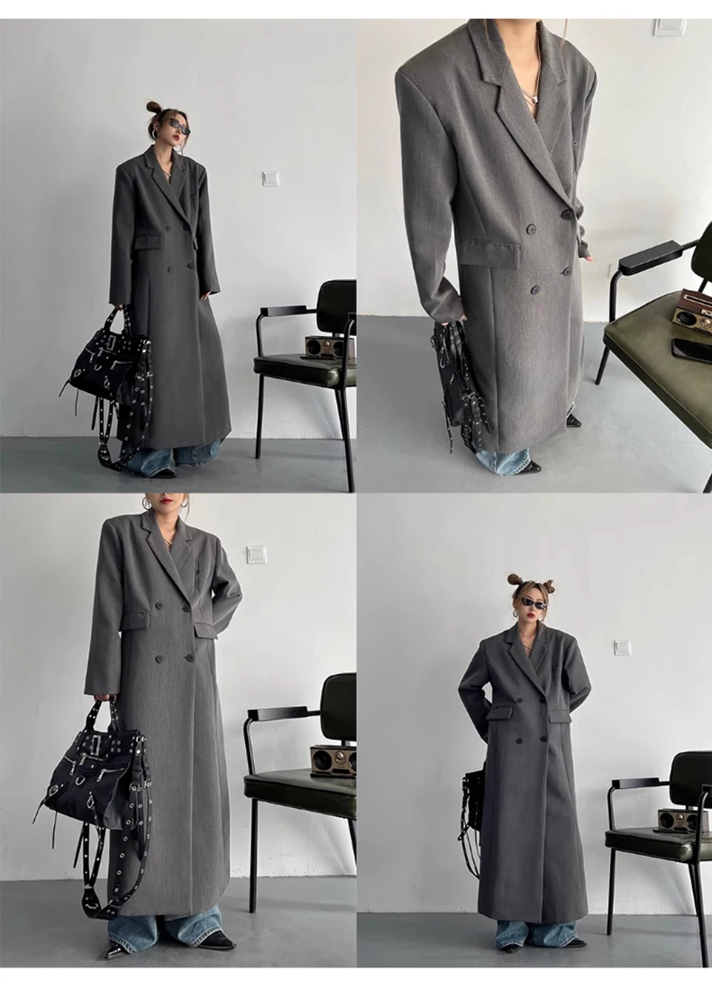 Lautaro Spring Autumn Long Grey Black Trench Coat for Women Double Breasted Loose Casual Korean Fashion Clothing Blazer 2023
