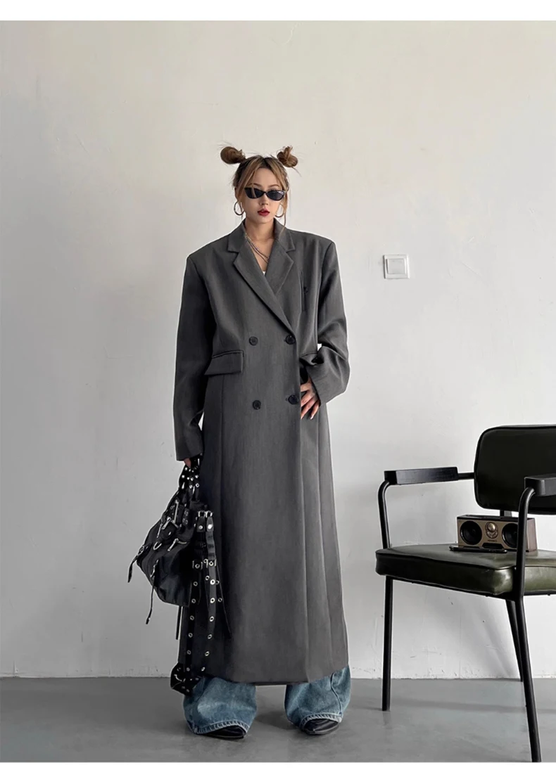 Lautaro Spring Autumn Long Grey Black Trench Coat for Women Double Breasted Loose Casual Korean Fashion Clothing Blazer 2023