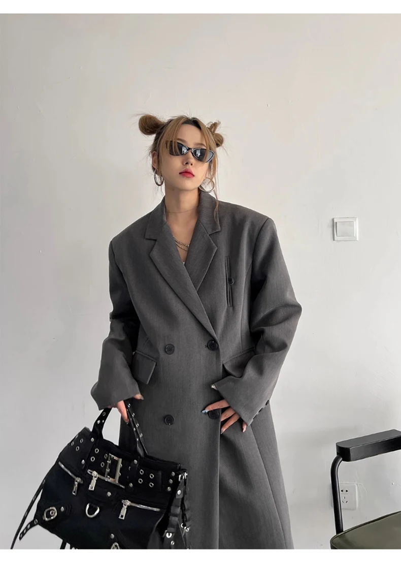 Lautaro Spring Autumn Long Grey Black Trench Coat for Women Double Breasted Loose Casual Korean Fashion Clothing Blazer 2023