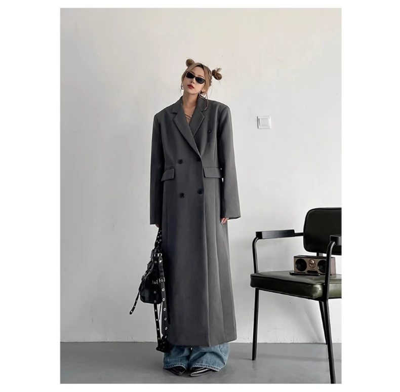 Lautaro Spring Autumn Long Grey Black Trench Coat for Women Double Breasted Loose Casual Korean Fashion Clothing Blazer 2023