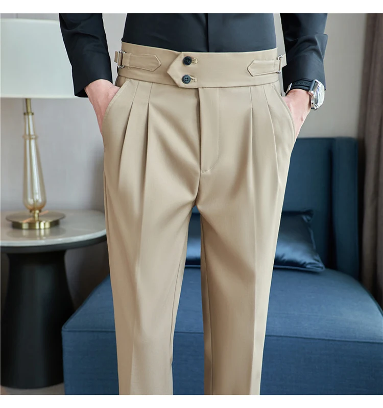 Men Pants Classic Men's Office Trousers Slim Fit High Waist Vintage Pockets for Formal Business Style Elegant Formal Pants