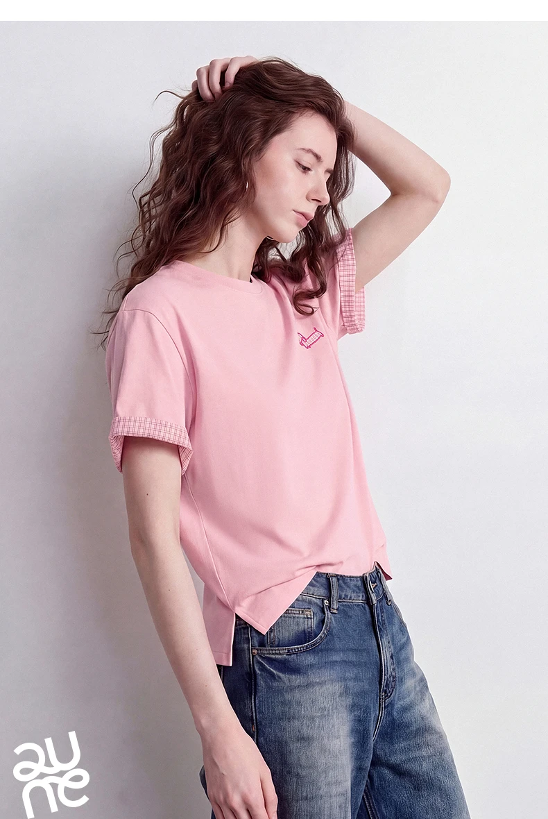 TOYOUTH Women Cotton T-Shirt 2026 Summer New High Low Slit Puppy Patch Embroidery Plaid Turn-up Sleeve Pullover Tops
