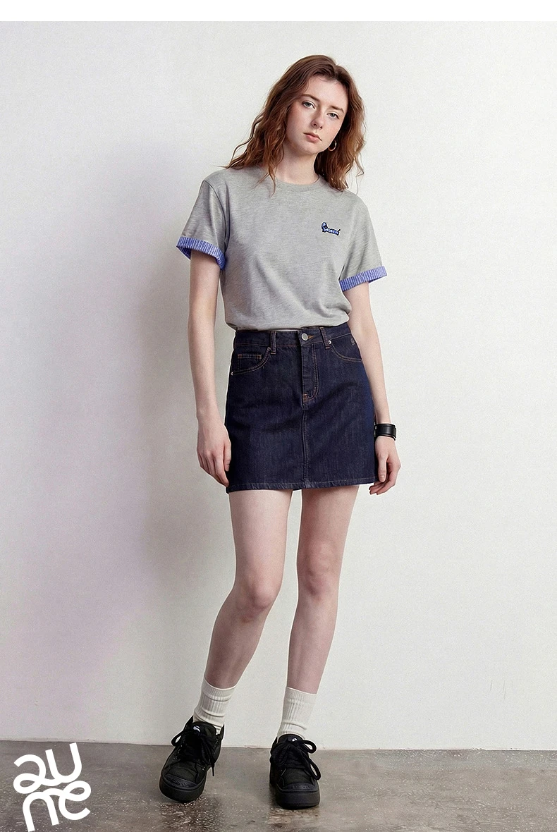 TOYOUTH Women Cotton T-Shirt 2026 Summer New High Low Slit Puppy Patch Embroidery Plaid Turn-up Sleeve Pullover Tops