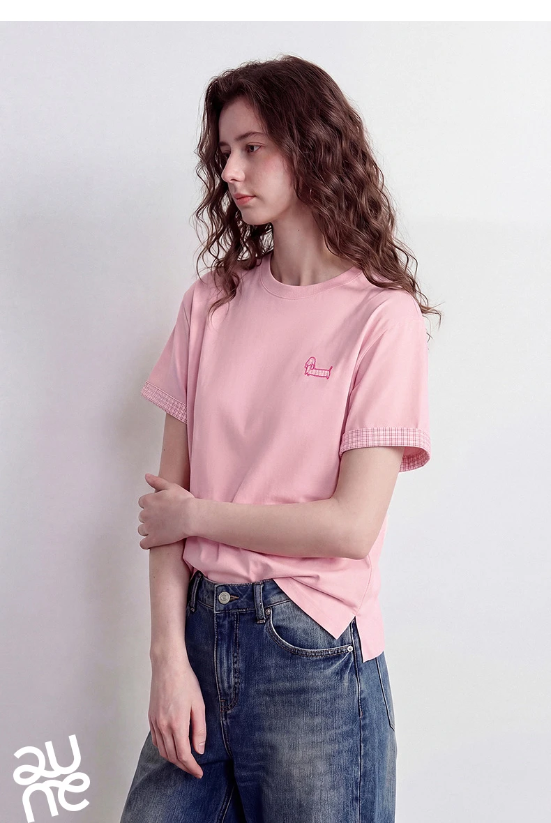 TOYOUTH Women Cotton T-Shirt 2026 Summer New High Low Slit Puppy Patch Embroidery Plaid Turn-up Sleeve Pullover Tops