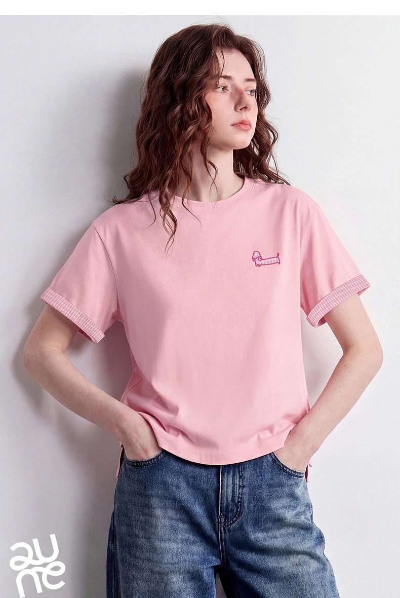 TOYOUTH Women Cotton T-Shirt 2026 Summer New High Low Slit Puppy Patch Embroidery Plaid Turn-up Sleeve Pullover Tops