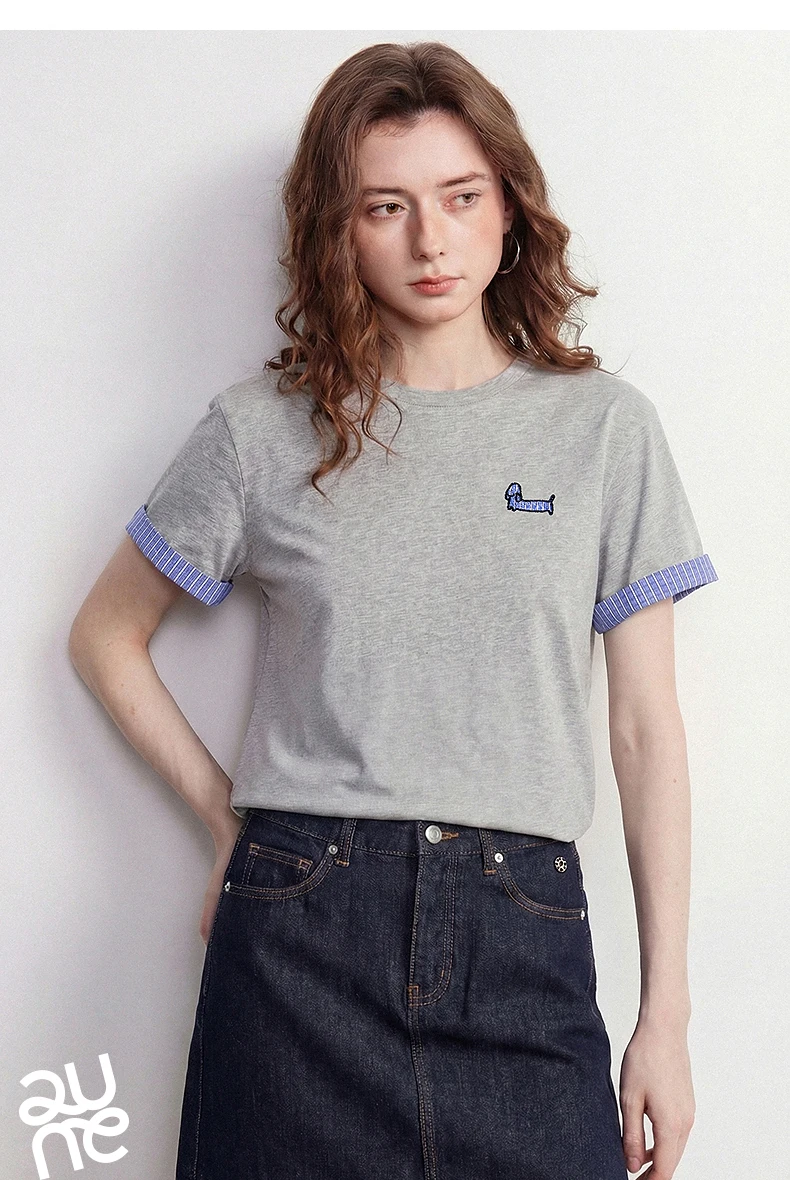 TOYOUTH Women Cotton T-Shirt 2026 Summer New High Low Slit Puppy Patch Embroidery Plaid Turn-up Sleeve Pullover Tops