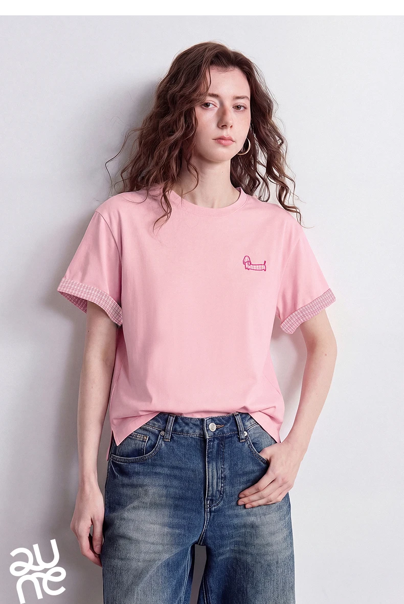 TOYOUTH Women Cotton T-Shirt 2026 Summer New High Low Slit Puppy Patch Embroidery Plaid Turn-up Sleeve Pullover Tops