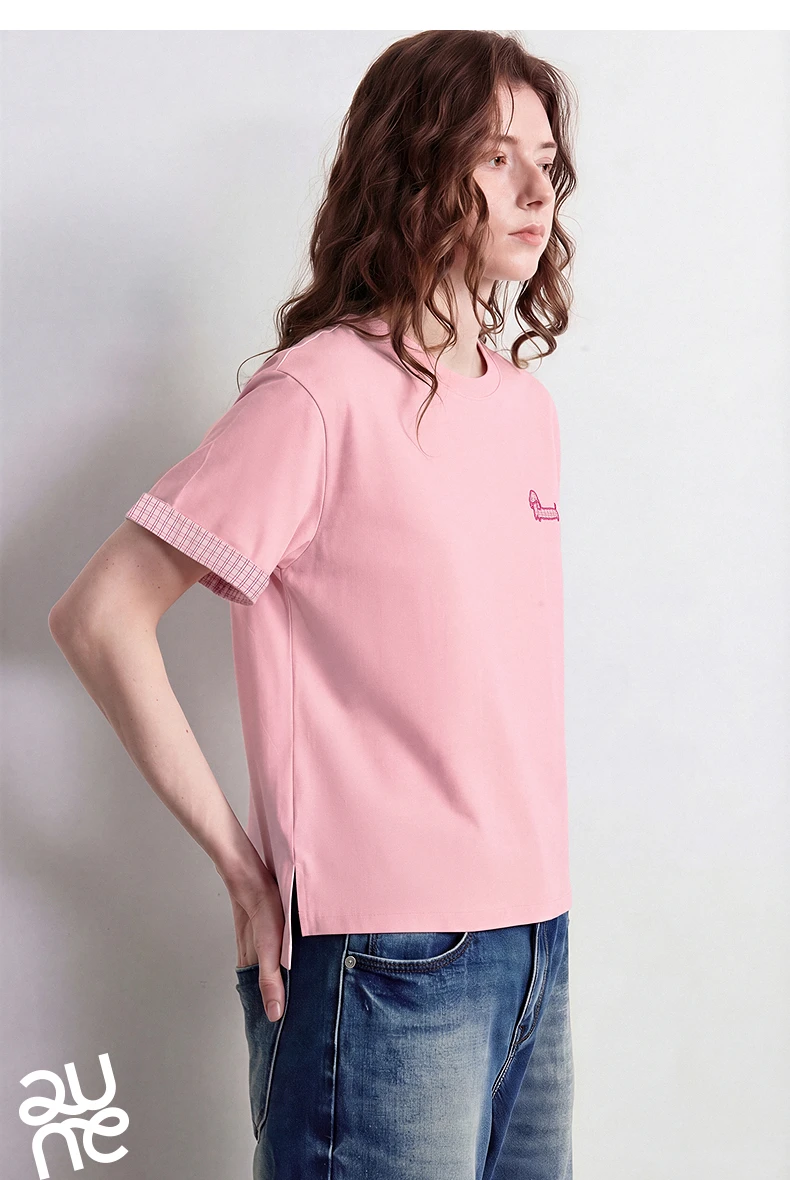 TOYOUTH Women Cotton T-Shirt 2026 Summer New High Low Slit Puppy Patch Embroidery Plaid Turn-up Sleeve Pullover Tops