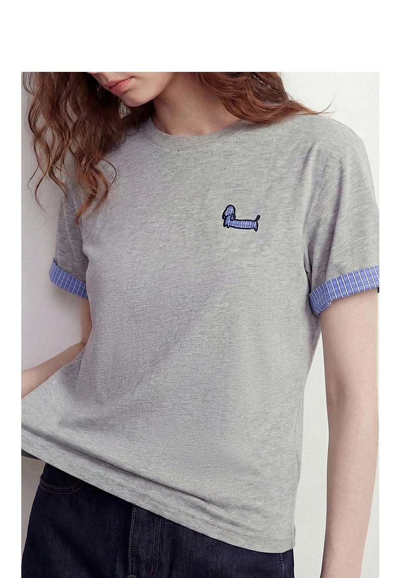 TOYOUTH Women Cotton T-Shirt 2026 Summer New High Low Slit Puppy Patch Embroidery Plaid Turn-up Sleeve Pullover Tops