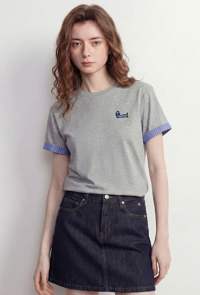 TOYOUTH Women Cotton T-Shirt 2026 Summer New High Low Slit Puppy Patch Embroidery Plaid Turn-up Sleeve Pullover Tops