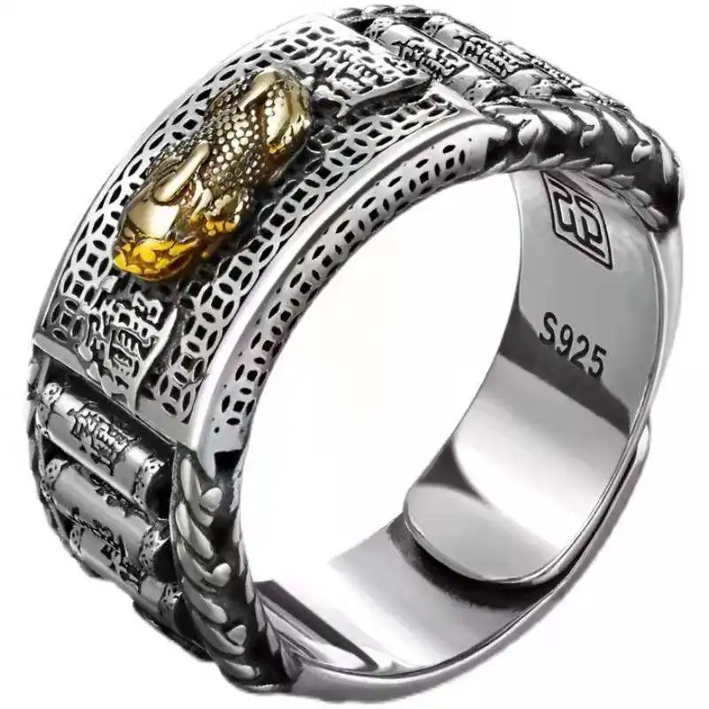 S925 Sterling Silver Retro Lucky Pixiu Rings Silver Open Adjustable Ring Traditional Culture Pixiu Ring for Women