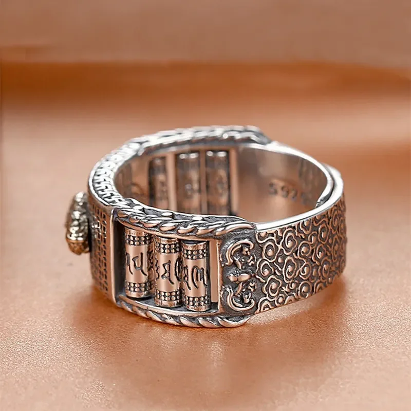 S925 Sterling Silver Retro Lucky Pixiu Rings Silver Open Adjustable Ring Traditional Culture Pixiu Ring for Women