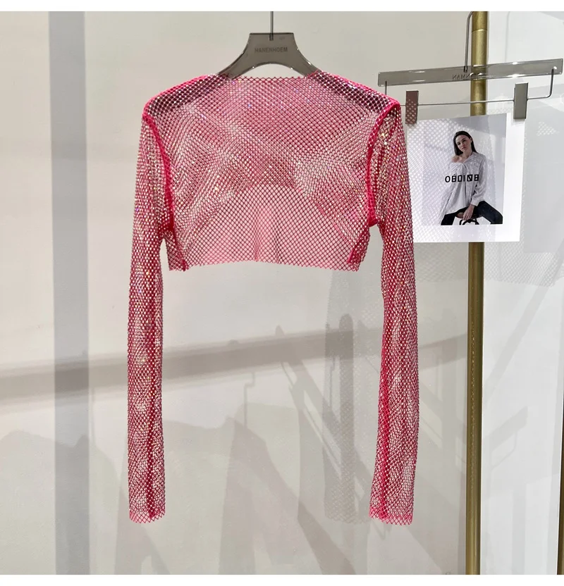 2025 New Summer Sexy Bright Diamond Short Thin Tops Slim Hot Drill Long-sleeved T-shirt Sexy Leak Waist Blouse