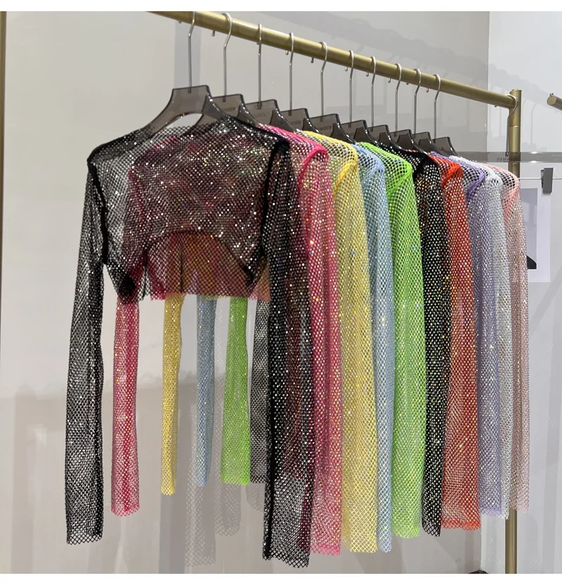 2025 New Summer Sexy Bright Diamond Short Thin Tops Slim Hot Drill Long-sleeved T-shirt Sexy Leak Waist Blouse