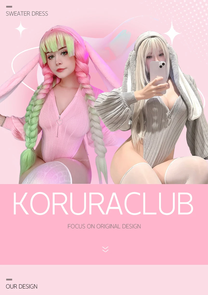 KORURACLUB Gray knitted long-sleeved Jumpsuit sweater pink Bunny girl Cute Plush rabbit tail