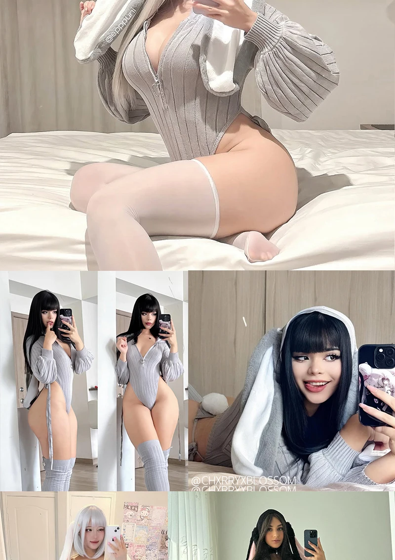 KORURACLUB Gray knitted long-sleeved Jumpsuit sweater pink Bunny girl Cute Plush rabbit tail
