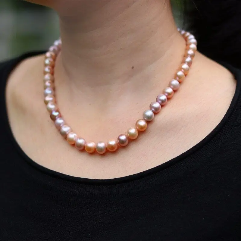 Real Photo 18" AAA Japanese Akoya 9-10 mm Lavender Purple Pink Pearl Necklace 14K Yellow Gold Clasp Same Style Bracelet 7.5-8 in