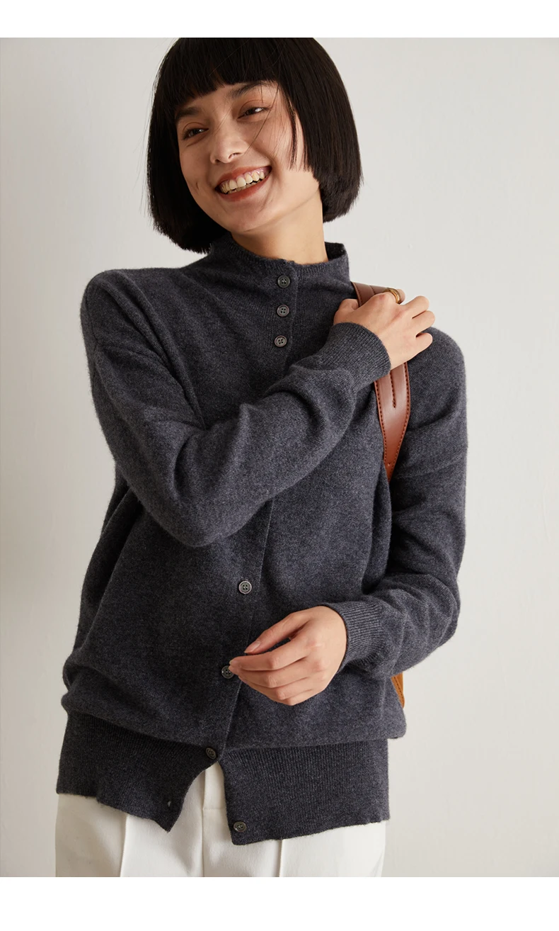 Women's Slim Fit Wool Cardigan Semi-High Neck Solid Color Long Sleeve Cashmere Knitted Sweater Versatile Casual Coat
