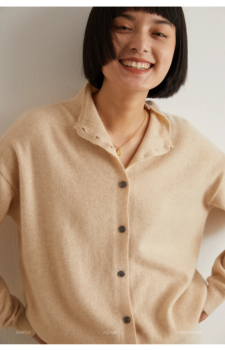 Women's Slim Fit Wool Cardigan Semi-High Neck Solid Color Long Sleeve Cashmere Knitted Sweater Versatile Casual Coat