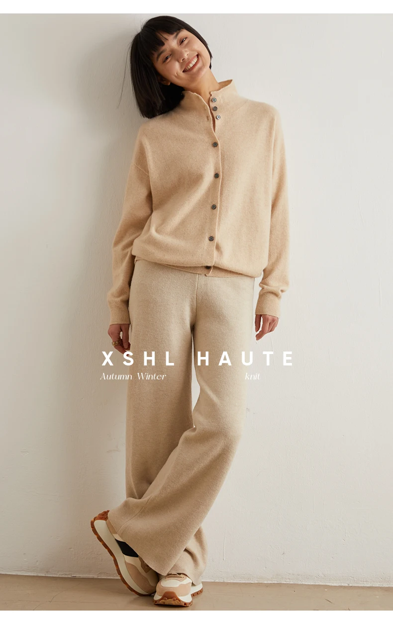Women's Slim Fit Wool Cardigan Semi-High Neck Solid Color Long Sleeve Cashmere Knitted Sweater Versatile Casual Coat