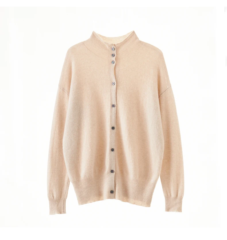Women's Slim Fit Wool Cardigan Semi-High Neck Solid Color Long Sleeve Cashmere Knitted Sweater Versatile Casual Coat