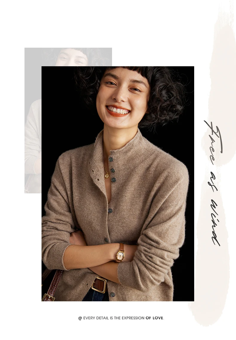 Women's Slim Fit Wool Cardigan Semi-High Neck Solid Color Long Sleeve Cashmere Knitted Sweater Versatile Casual Coat