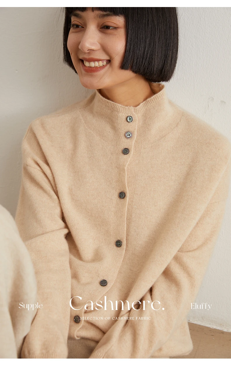 Women's Slim Fit Wool Cardigan Semi-High Neck Solid Color Long Sleeve Cashmere Knitted Sweater Versatile Casual Coat