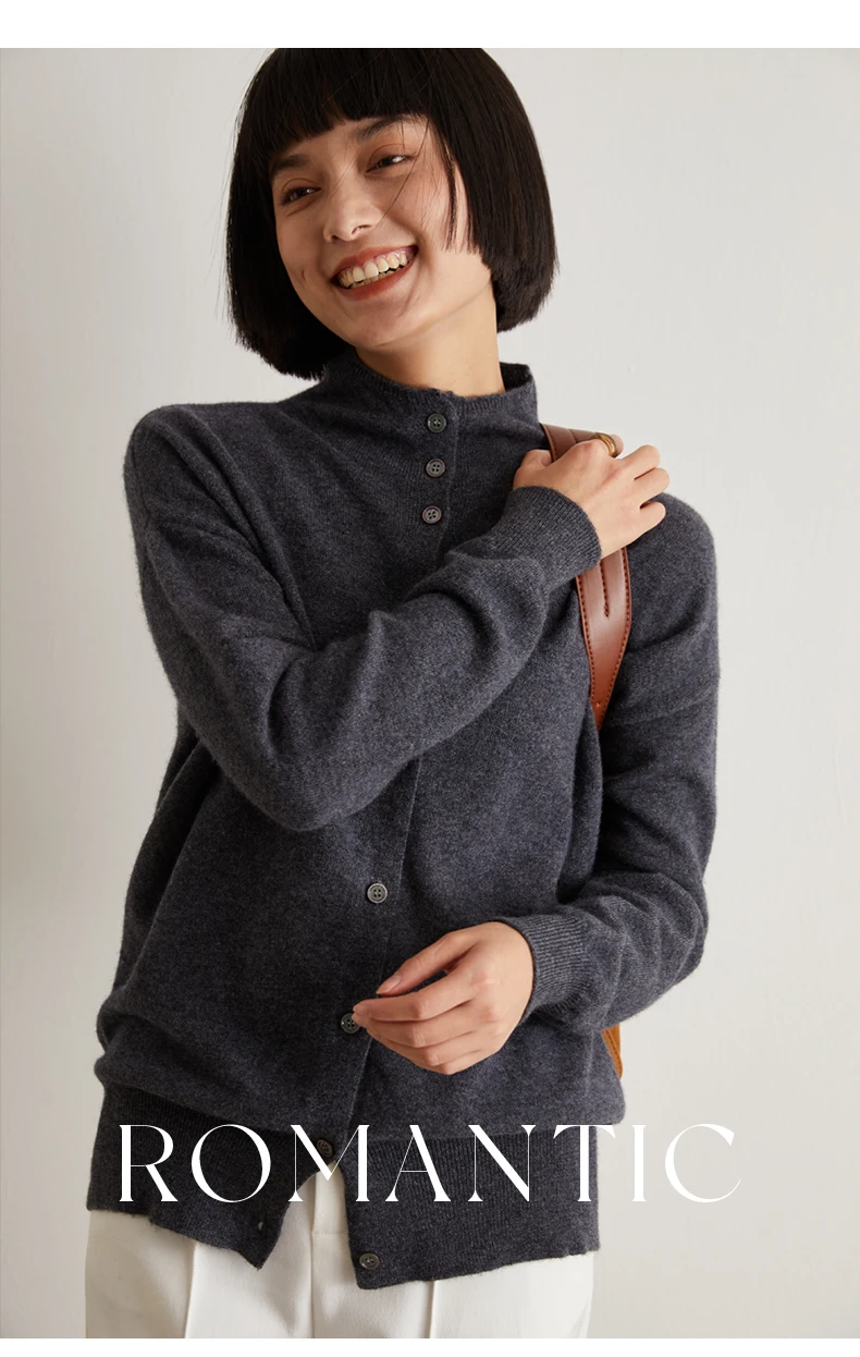 Women's Slim Fit Wool Cardigan Semi-High Neck Solid Color Long Sleeve Cashmere Knitted Sweater Versatile Casual Coat