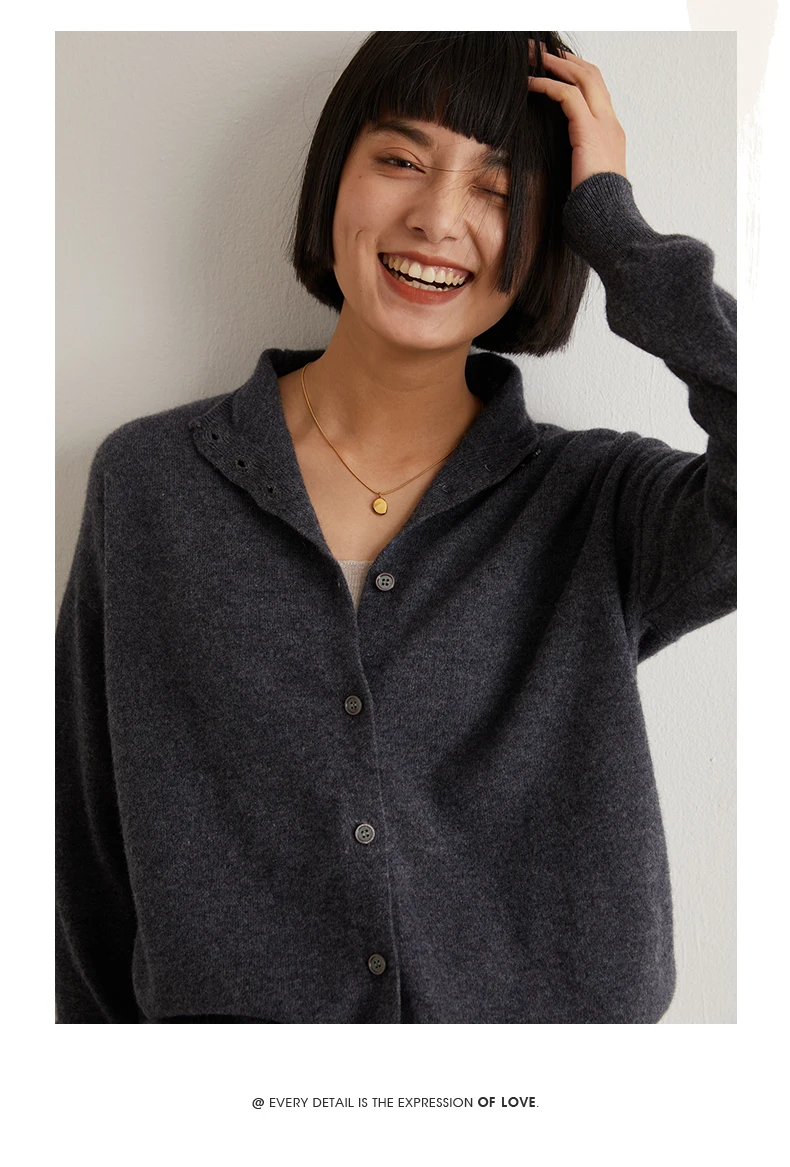 Women's Slim Fit Wool Cardigan Semi-High Neck Solid Color Long Sleeve Cashmere Knitted Sweater Versatile Casual Coat