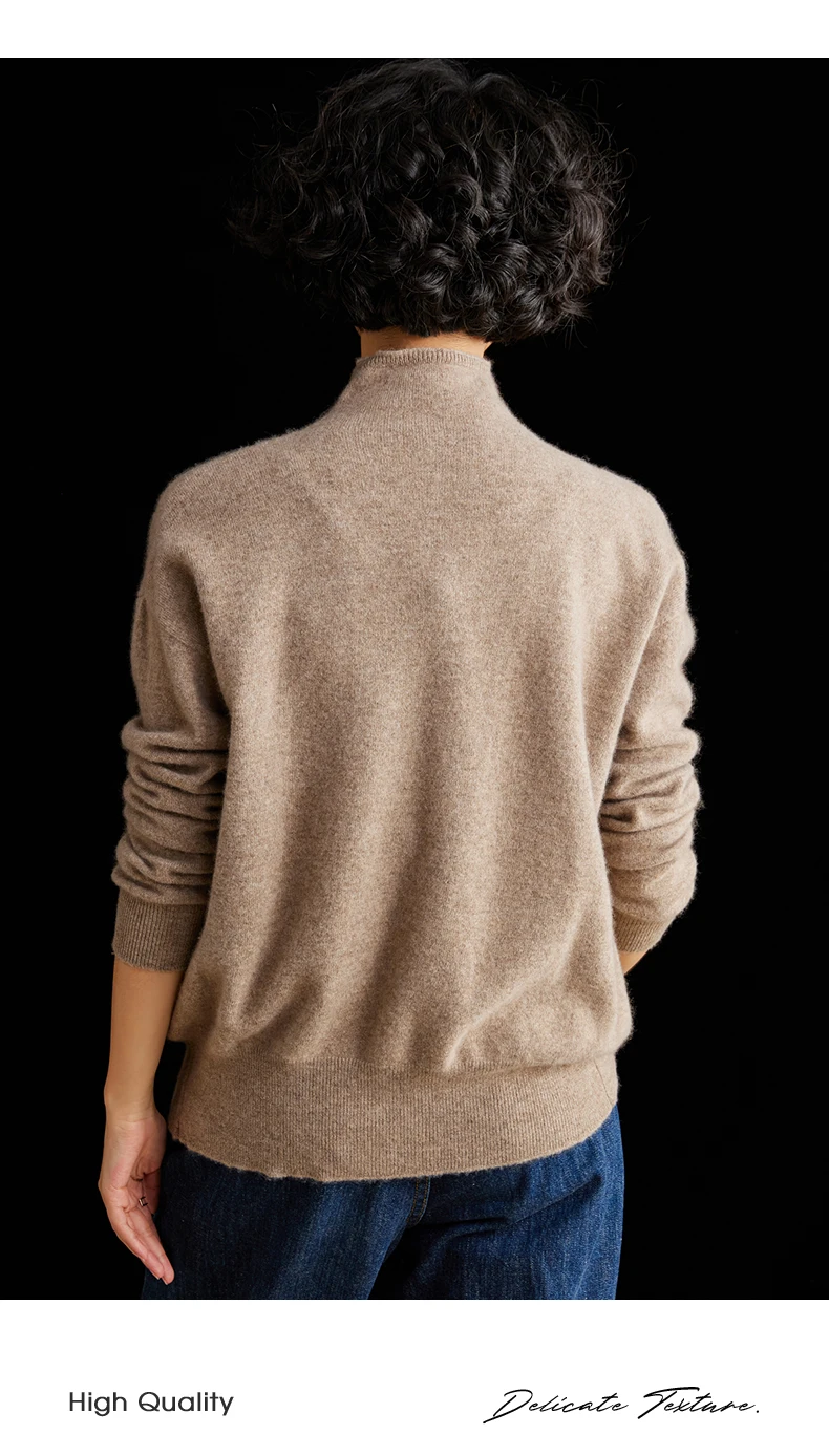 Women's Slim Fit Wool Cardigan Semi-High Neck Solid Color Long Sleeve Cashmere Knitted Sweater Versatile Casual Coat