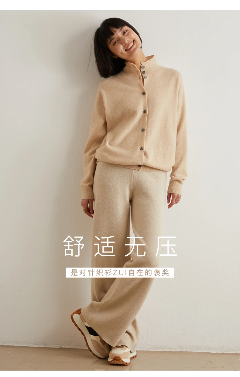 Women's Slim Fit Wool Cardigan Semi-High Neck Solid Color Long Sleeve Cashmere Knitted Sweater Versatile Casual Coat