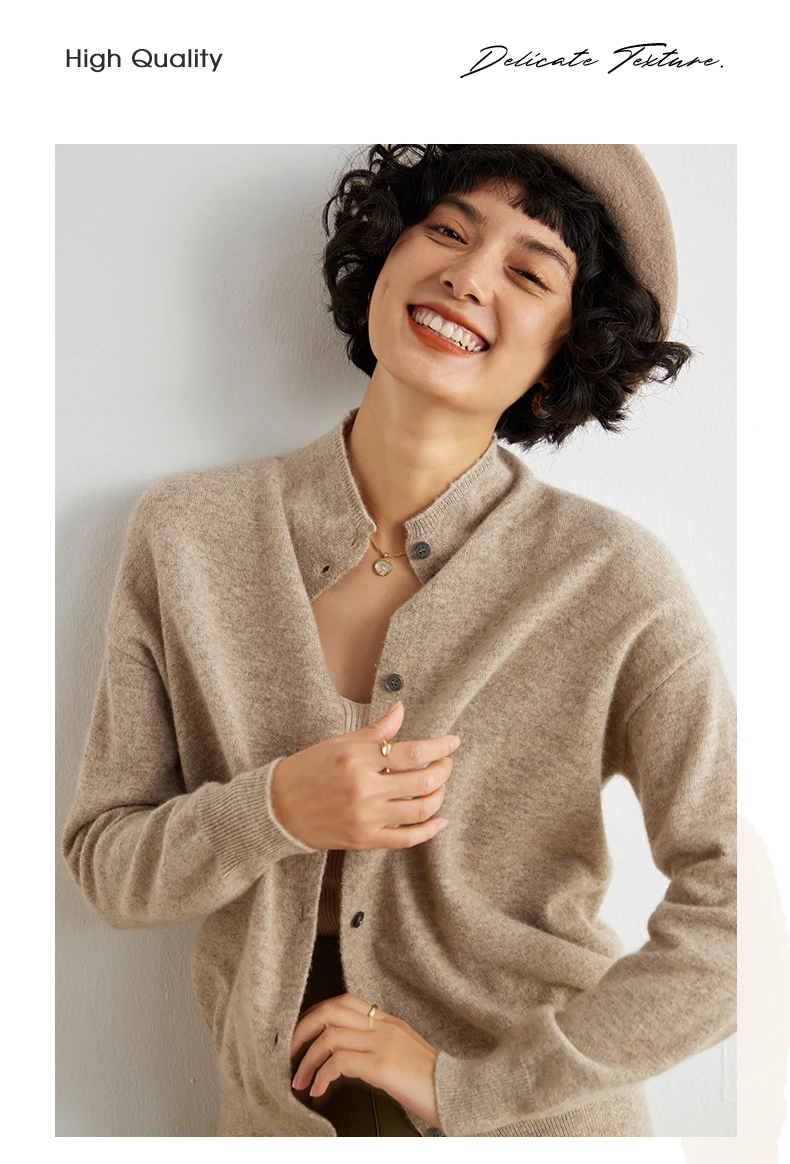 Women's Slim Fit Wool Cardigan Semi-High Neck Solid Color Long Sleeve Cashmere Knitted Sweater Versatile Casual Coat