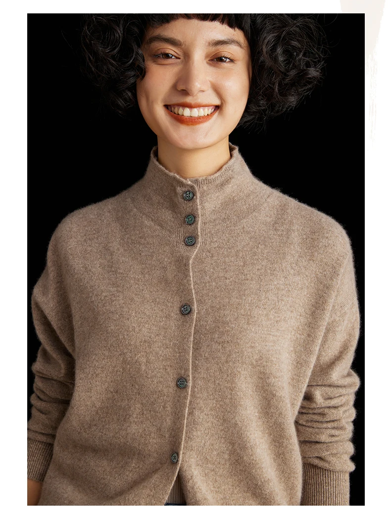 Women's Slim Fit Wool Cardigan Semi-High Neck Solid Color Long Sleeve Cashmere Knitted Sweater Versatile Casual Coat