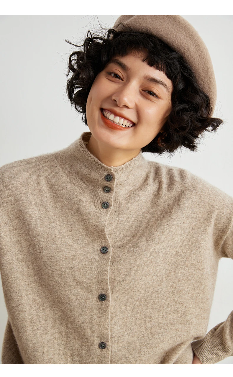 Women's Slim Fit Wool Cardigan Semi-High Neck Solid Color Long Sleeve Cashmere Knitted Sweater Versatile Casual Coat