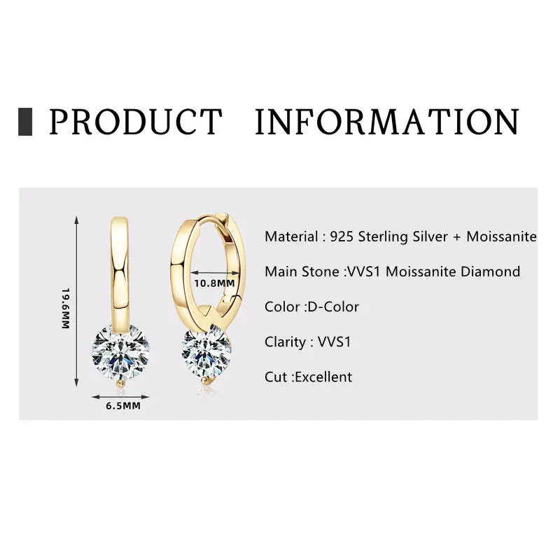 Lnngy Hoop Earrings Silver 925 Sparkling 6.5mm 1CT Moissanite Earring With Certificate For Women Lovers' Wedding Jewelry Gift