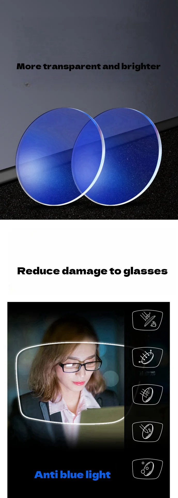 Anti Blue Light Lenses 1.56/1.61/1.67/1.74 Optical Prescription Custom For Myopia Hyperopia Astigmatism Bue Light Blocking Lens