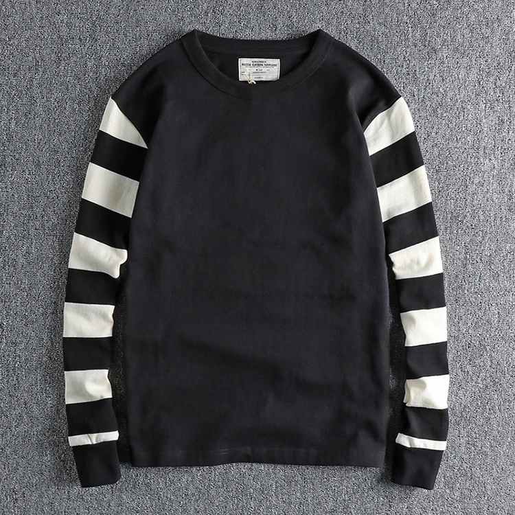 Autumn American Retro Long Sleeve Heavyweight Striped T-shirt Men's Fashion Pure Cotton Washed Prisoner Motorcycle Casual Tops