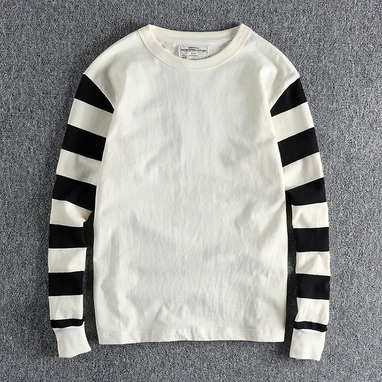 Autumn American Retro Long Sleeve Heavyweight Striped T-shirt Men's Fashion Pure Cotton Washed Prisoner Motorcycle Casual Tops