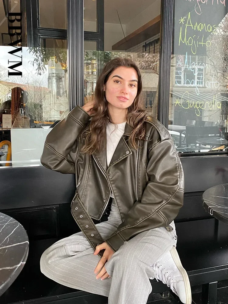 BBWM Women Oversized Vintage Loose Pu Faux Leather Short Jacket with Belt Streetwear Female Zipper Retro Moto Biker Coat Outwear