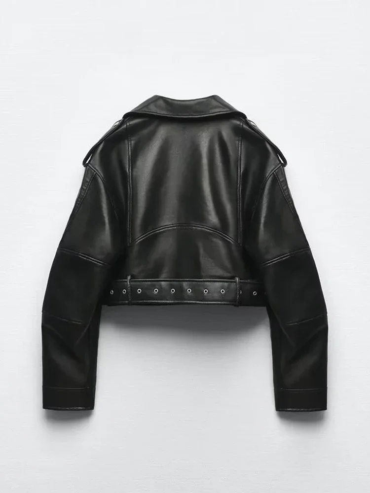 BBWM Women Oversized Vintage Loose Pu Faux Leather Short Jacket with Belt Streetwear Female Zipper Retro Moto Biker Coat Outwear