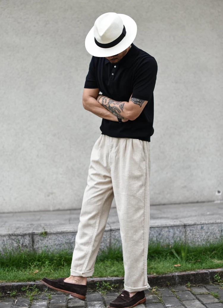 Sauce Zhan Men Pants Ramie Pants Men Summer Breathable Casual Pants Ankle-length Loose Fit Taper Leg