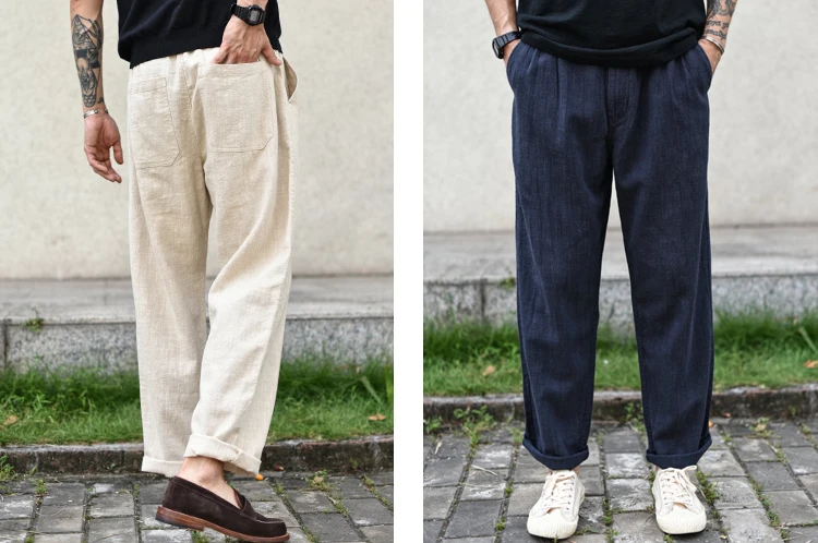 Sauce Zhan Men Pants Ramie Pants Men Summer Breathable Casual Pants Ankle-length Loose Fit Taper Leg