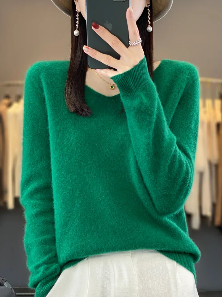 Fashion100% Merino Wool Sweater Cashmere Pullover Women Knitwear V-Neck Long Sleeve Autumn Winter Fashion Basic Clothing Tops