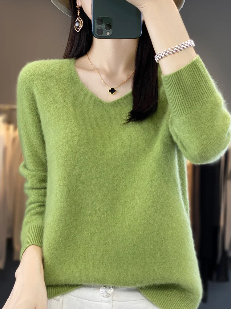 Fashion100% Merino Wool Sweater Cashmere Pullover Women Knitwear V-Neck Long Sleeve Autumn Winter Fashion Basic Clothing Tops