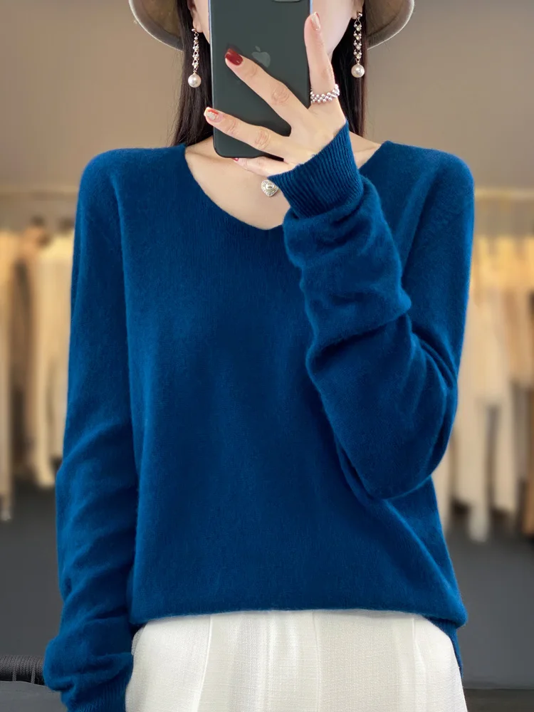Fashion100% Merino Wool Sweater Cashmere Pullover Women Knitwear V-Neck Long Sleeve Autumn Winter Fashion Basic Clothing Tops