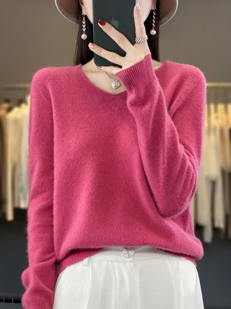 Fashion100% Merino Wool Sweater Cashmere Pullover Women Knitwear V-Neck Long Sleeve Autumn Winter Fashion Basic Clothing Tops