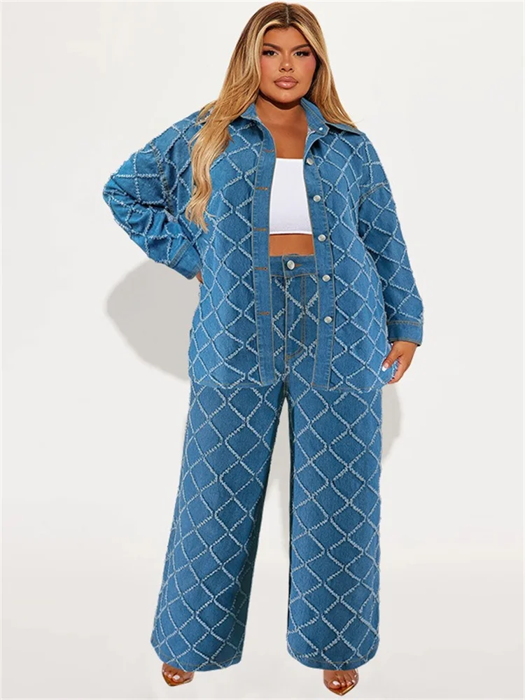 Wmstar Plus Size Denim Two Piece Sets Women Fall Clothing Print Long Sleeve Tops Pants New Matching Suits Wholesale Dropshopping